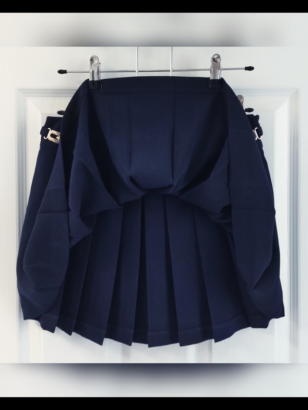 Navy Pleated Mini Skirt with Gold Buckle Accents - Picture 6 of 7